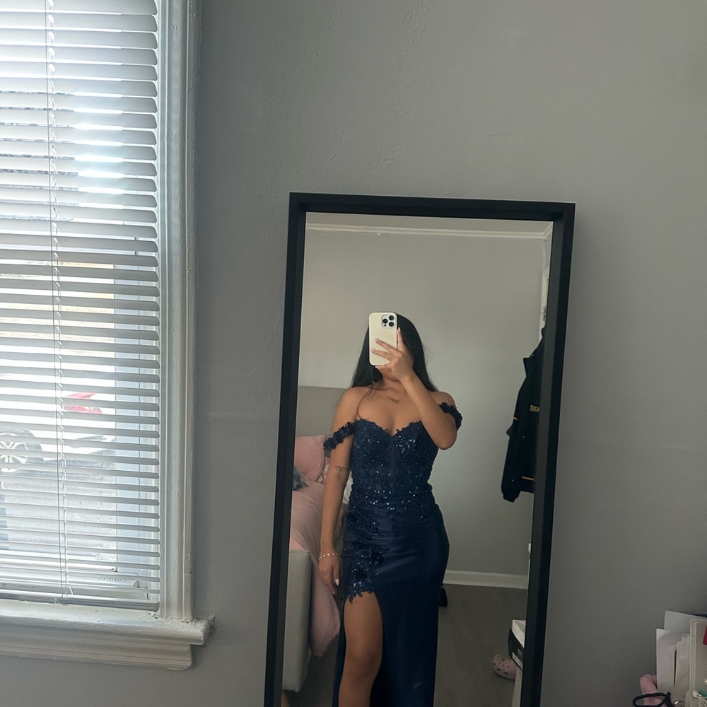 Elegant Navy Blue Off-Shoulder Gown